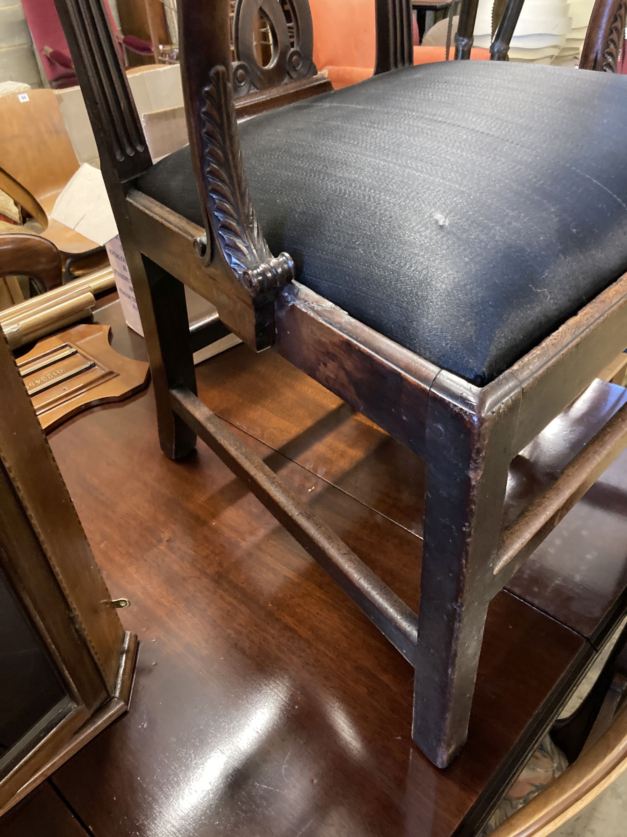 A George III mahogany elbow chair with horsehair drop in seat, width 76cm, depth 50cm, height 93cm